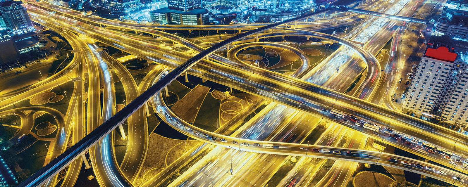 Aerial view of big highway interchange with traffic in Dubai