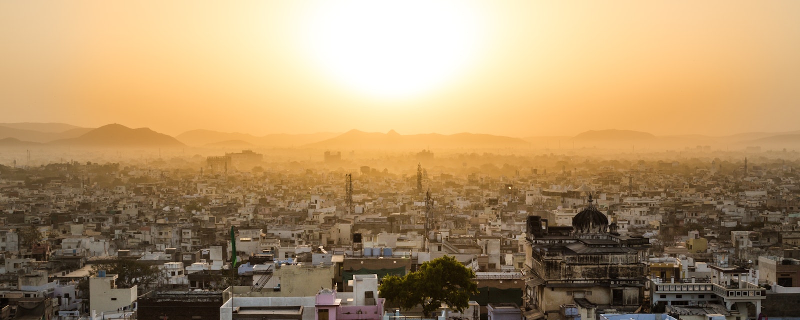 High view showing part of the Udaipur skyline at sunrise