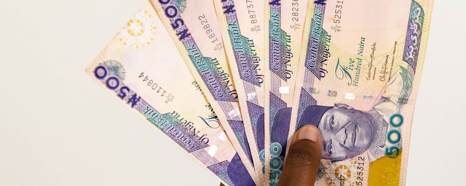 African hand holding Nigerian Naira notes spread