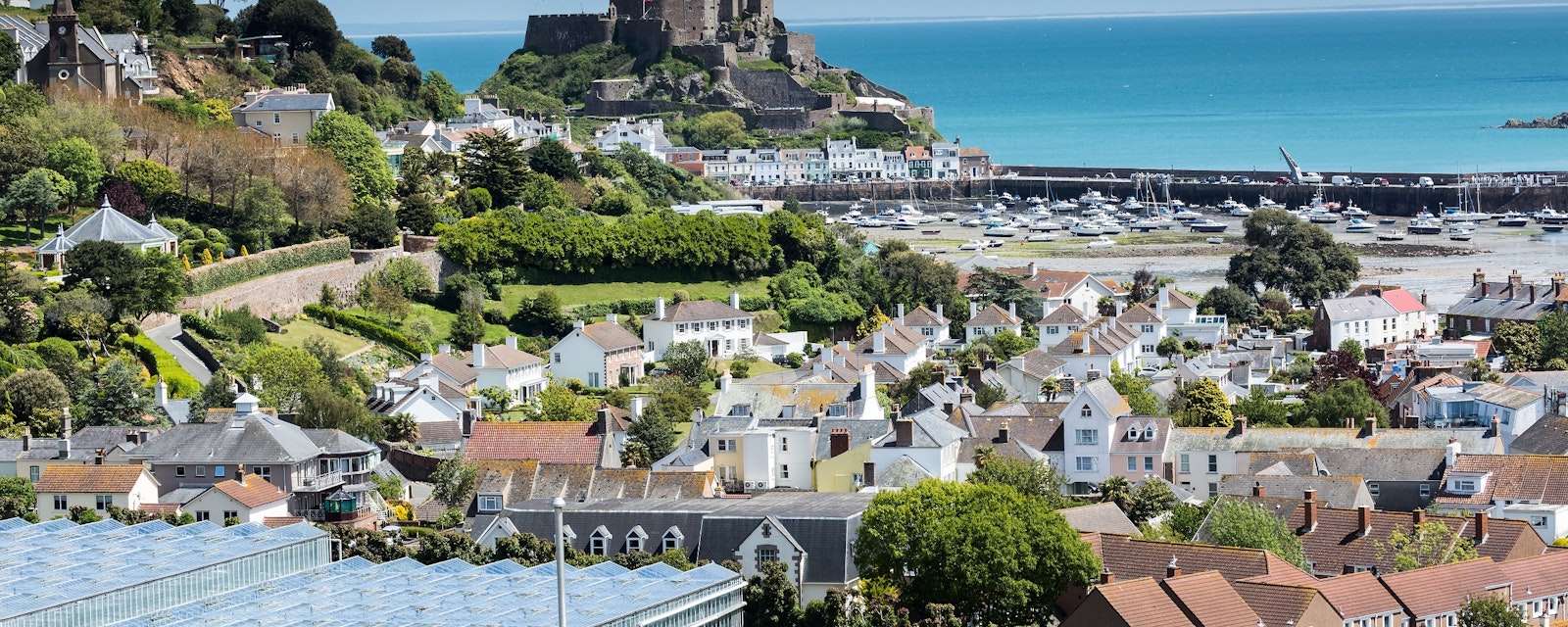 View,To,Mont,Orgueil,Castle,With,Harbour,In,Gorey,,Jersey,