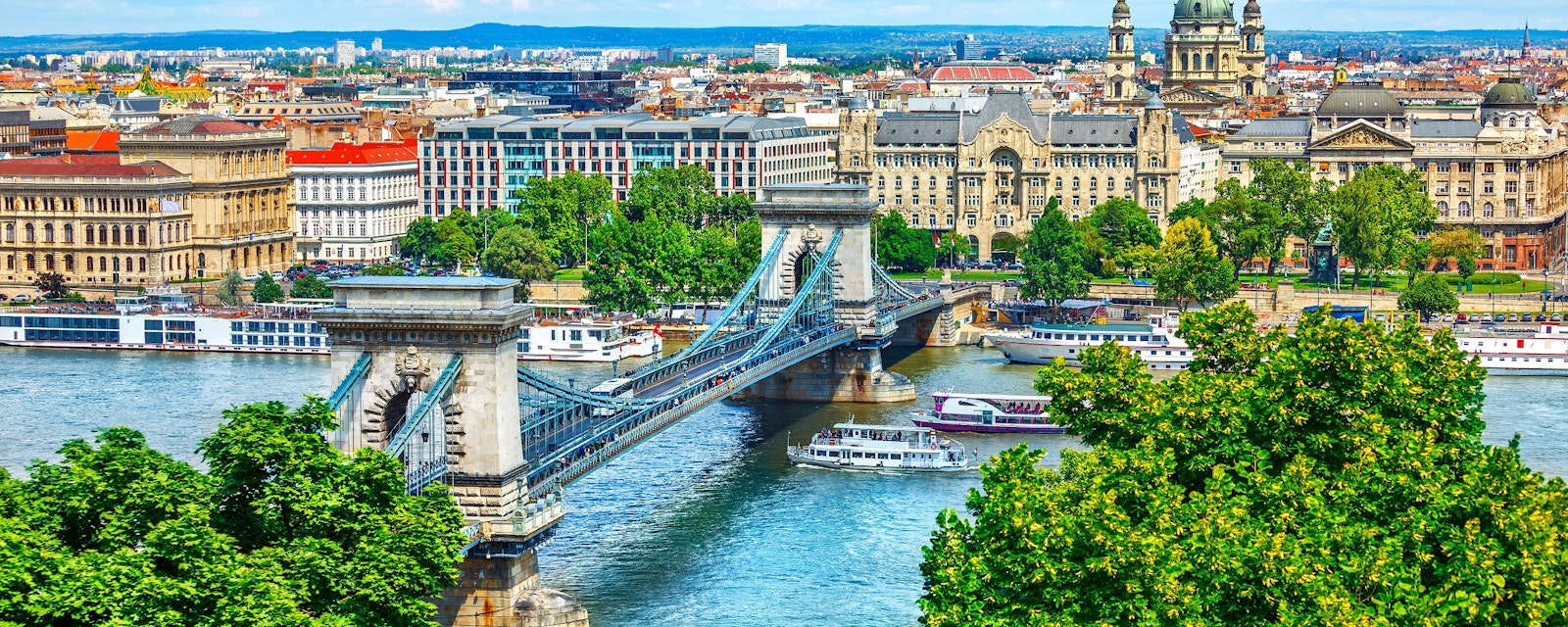 Chain,Bridge,On,Danube,River,In,Budapest,City.,Hungary.,Urban