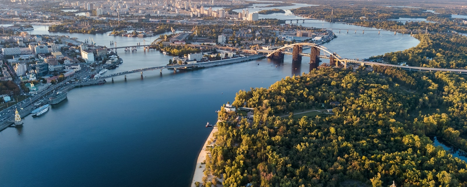 Aerial,Top,View,Of,Kyiv,Skyline,,Dnieper,River,And,Truchaniv