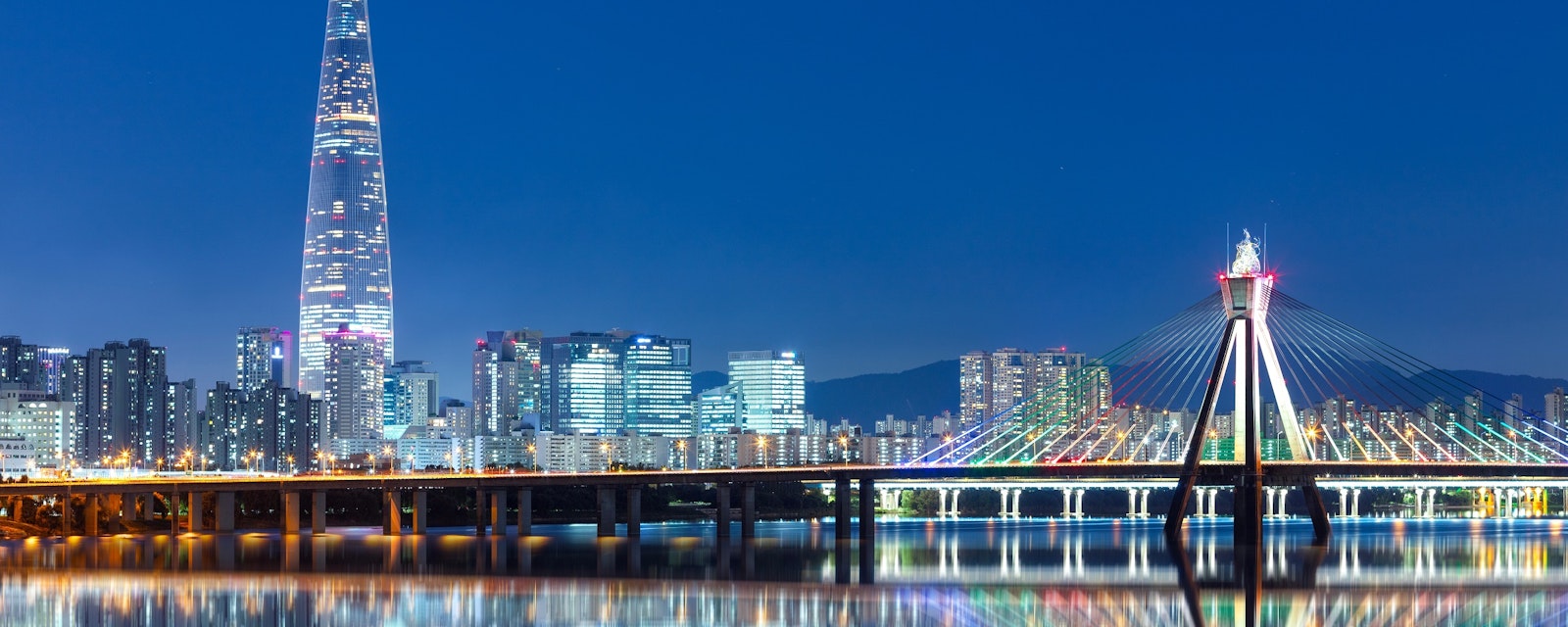 Night view of Seoul skyline with bridge